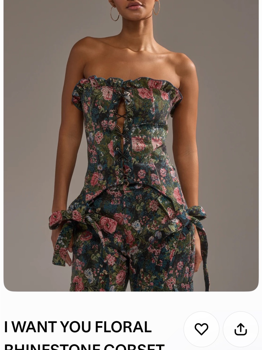 AKIRA Strapless Floral Corset top and pants in Green and Pink with glitter